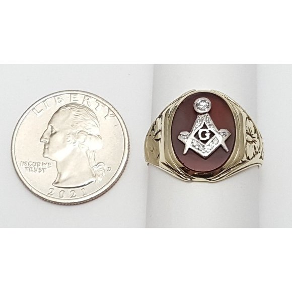 Vintage 14K Solid Two Tone Multi Color Gold Cornelian Masonic Diamond Ring - Picture 15 of 16